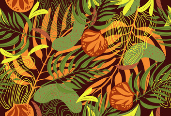 Fototapeta na wymiar Seamless nature pattern, gardening. Abstract flowers, leaves, shapes, drawing on a dark brown background, abstract, hand drawn, packaging, wallpaper, design for textiles, vector illustration.