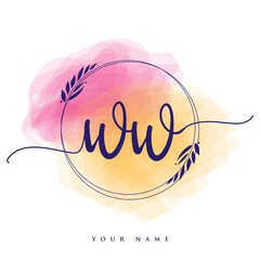 WW Initial handwriting logo. Hand lettering Initials logo branding, Feminine and luxury logo design isolated on colorful watercolor background.