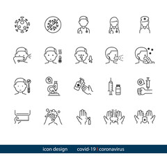 Coronavirus Safety Icon Collection of Coronavirus, Doctor, Nurse, Symptom, Cough, Fever, Runny Nose, Vomit, Thermometer, Microscope, Alcohol, Vaccine, Napkin, Washing Hands, Sanitizer, Clean up, Rub