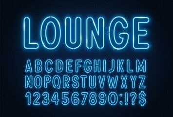 Blue neon light font on a dark background.