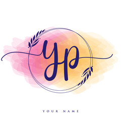 YP Initial handwriting logo. Hand lettering Initials logo branding, Feminine and luxury logo design isolated on colorful watercolor background.