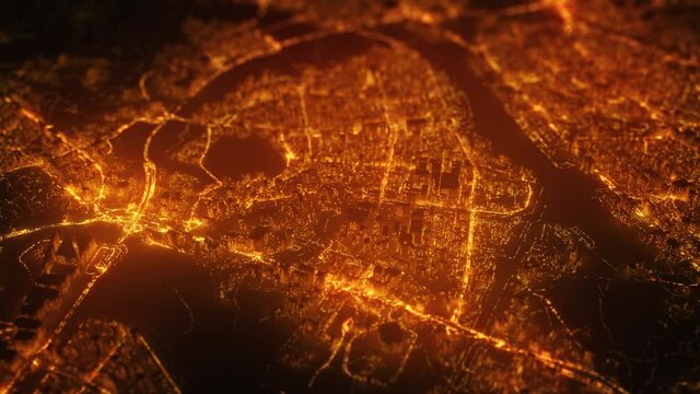 Beautiful aerial cityscape view of the city. Abstract night city view with traffic jams rays. Techno mega city. Urban, big data, business and futuristic visual technology concept. 3d animation of 4K