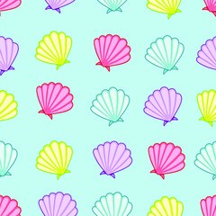 Seamless summer seashell pattern. Elements on a light blue background.