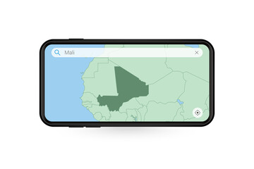 Searching map of Mali in Smartphone map application. Map of Mali in Cell Phone.