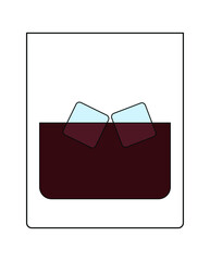 Simple vector illustration of a glass of whiskey, brandy, brown color with blue ice cubes. The element is isolated on a white background. Can be used as a sticker, icon, logo.
