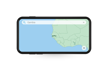 Searching map of Gambia in Smartphone map application. Map of Gambia in Cell Phone.