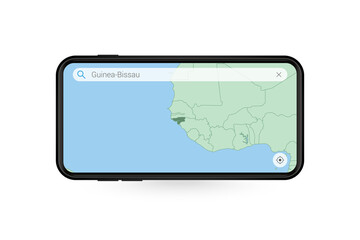 Searching map of Guinea-Bissau in Smartphone map application. Map of Guinea-Bissau in Cell Phone.