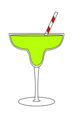 Simple vector illustration of a glass with a green cocktail and a white red striped straw. The element is isolated on a white background. Can be used as a sticker, icon, logo.