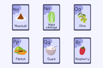 Colorful alphabet flashcard Letter M, N, O, P, Q, R - meatball, napa cabbage, olive, papaya, quark, raspberry.