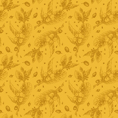 Vintage engraved coffee branch pattern. Coffee package seamless background for coffee shop banner template with vector beans drawing in engraving style. Coffee roasting banner. Organic brand.