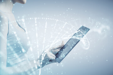 Double exposure of DNA sketch hologram and woman holding and using a mobile device. Education concept.
