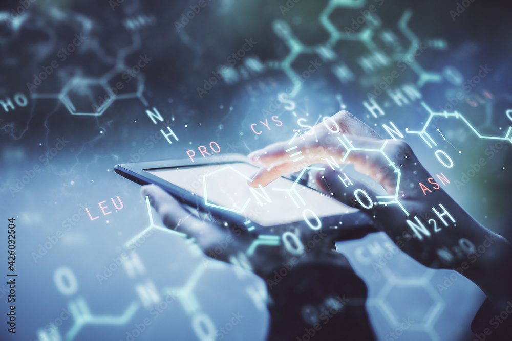 Poster double exposure of formulas sketch hologram and woman holding and using a mobile device. education c