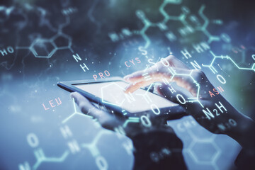 Double exposure of formulas sketch hologram and woman holding and using a mobile device. Education concept.