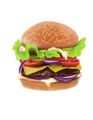 
Illustration of an appetizing hamburger with cheese, tomatoes and onions. Image of a burger for different types of printing.