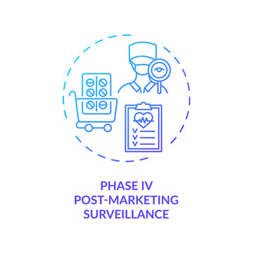 Post-marketing surveillance concept icon. Trials phase 4 idea thin line illustration. Patient reporting system. Pharmacovigilance. Adverse effects detection. Vector isolated outline RGB color drawing