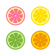 Citrus slices, including orange, lemon, grapefruit and lime, isolated on white background
