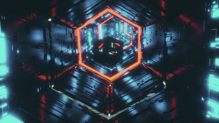 abstract background with a mirror polyhedron flying through the hexagon tunnel in neon colorful azure and red lights. 3d rendering animation in 4K video.