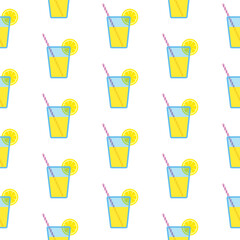 Lemonade in blue glass with striped straw and slice of lemon, seamless pattern on white background