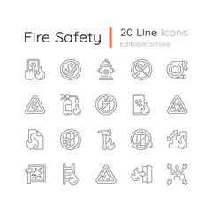 Fire safety linear icons set. Alarm for emergency. Pulaski axe. Risk situation guidelines. Customizable thin line contour symbols. Isolated vector outline illustrations. Editable stroke