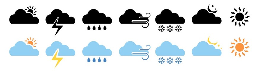 Flat weather icons, black and colorful. Forecast signs collection. Vector design