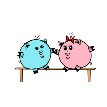 Pair of a Pink Vector piggy fat girl and a blue piggy boy sitting on a bench together on a white background