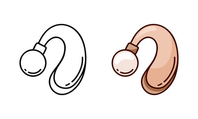 Hearing aid doodle icon. Linear and color version. Black simple illustration of BTE or hearing enhancer. Contour isolated vector pictogram on white background