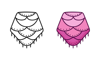 Shawl doodle icon. Linear and color version. Black simple illustration of large knitted scarf with fringe. Contour isolated vector pictogram on white background