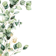 Watercolor border of green and gold eucalyptus branches. Hand painted card of plants isolated on white background. Floral illustration for design, print, fabric or background.