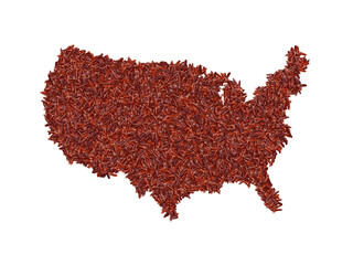 Map of USA made with red rice grains on a white isolated background. Export, production, supply,...