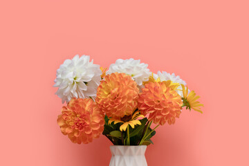 Bouquet of dahlia flowers in vase in front of coral color background. Tenderness springtime composition with copyspace. Gift for 8 March.