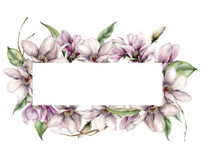 Watercolor horizontal frame with magnolias, leaves and buds. Hand painted floral border with flowers isolated on white background. Holiday spring illustration for design, print, fabric or background.