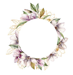 Watercolor magnolias round wreath of gold flowers and leaves. Hand painted floral frame of linear plants isolated on white background. Spring illustration for design, print, fabric or background.