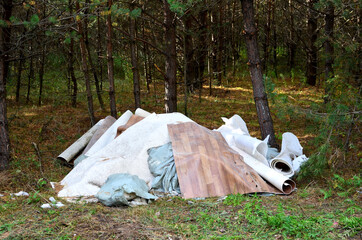 A pile of rubbish in the forest. People throw away food waste and construction waste.Ecological...