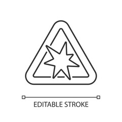 Risk of explosion linear icon. Warning for dangerous manufacture. Security rules. Fire safety. Thin line customizable illustration. Contour symbol. Vector isolated outline drawing. Editable stroke