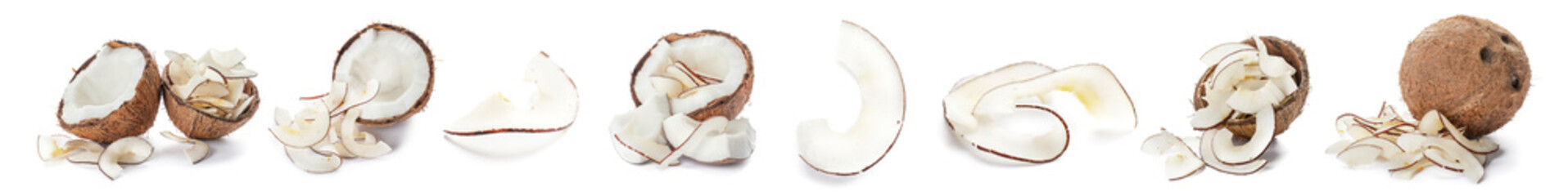 Collage of ripe coconuts with chips on white background