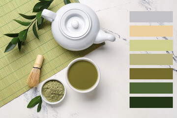 Composition with matcha tea on light background. Different color patterns