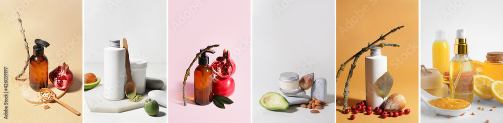 Wall mural set of natural cosmetic products on color background