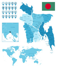 Bangladesh detailed administrative blue map with country flag and location on the world map. Vector illustration