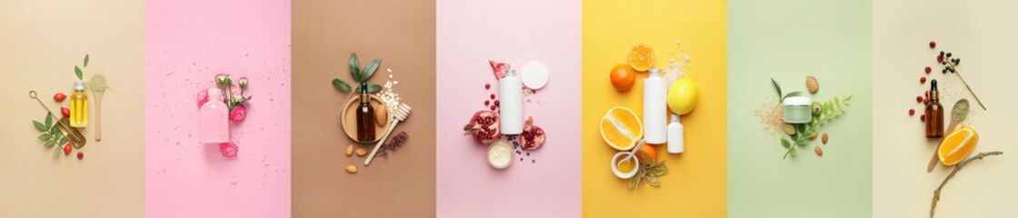 Set of natural cosmetic products on color background