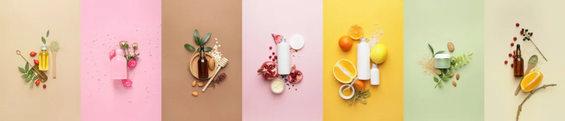 Fotobehang Set of natural cosmetic products on color background © Pixel-Shot