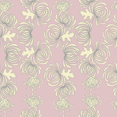 Seamless pattern of chrysanthemum branches with flowers, buds, leaves in pastel shades on a pink background.