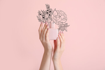 Female hands with bottle of perfume on color background