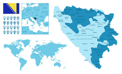 Bosnia and Herzegovina detailed administrative blue map with country flag and location on the world map. Vector illustration