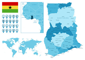 Ghana detailed administrative blue map with country flag and location on the world map. Vector illustration