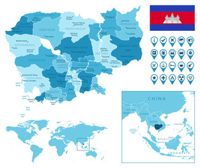 Cambodia detailed administrative blue map with country flag and location on the world map. Vector illustration
