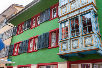 Fototapeta na wymiar Elegant blue balcony in the old town. Zurich, Switzerland