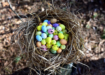 Multi-colored Easter eggs in a bird's nest. Straw and twig bird nest with egg. Easter is a Christian holiday that celebrates the belief in the resurrection of Jesus Christ