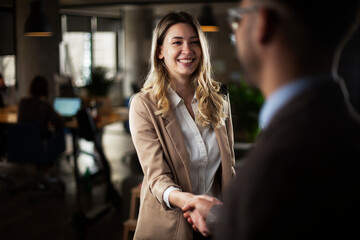 Businesswoman and businessman discussing work in office. Businessman and businesswoman handshake.