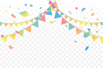 Colorful Party Flags And Confetti On White Background. Celebration Party. Surprise Banner. festa junina brazil. Vector Illustration