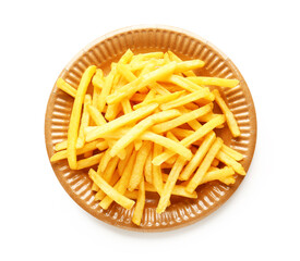 Plate with tasty french fries on white background